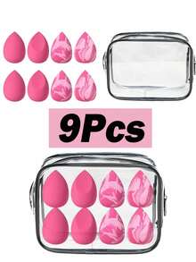 Bộ 9 túi đựng đồ trang điểm: 1 túi đựng đồ trang điểm PVC dung tích lớn + 8 miếng mút trang điểm, túi đựng đồ vệ sinh cá nhân chống thấm nước có thể gấp gọn, túi đựng mỹ phẩm, túi đựng đồ du lịch di động - Nhiều màu - Xem 9