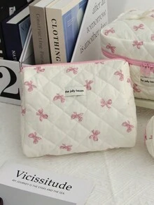 1 件白色背景粉色蝴蝶结绗缝设计手提包化妆包，时尚休闲大容量便携式拉链化妆包，旅行和度假必需品化妆包，适用于卫生巾、袋垫、Airpods、有线耳机、Earpods、耳机、充电器、口红、化妆品、香水、护肤品和美容产品、家居装饰、适合妈妈、女性、护士、学生、女学生、钥匙、节日礼物 - 粉色 - 查看 5