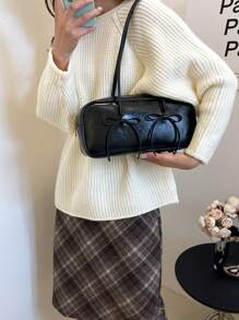 2024秋冬新款时尚女士腋下包单肩包，蝴蝶结装饰，多功能大容量保龄球包 - 黑色 - 查看 4