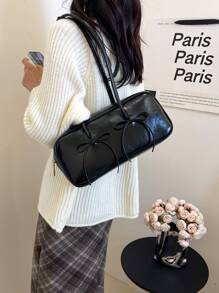 2024秋冬新款时尚女士腋下包单肩包，蝴蝶结装饰，多功能大容量保龄球包 - 黑色 - 查看 5