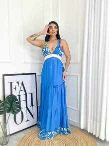 LONG DRESS WITH THICK ELASTIC SUMMER PRINT - 藍色 - 查看 1