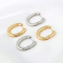 1 Cặp bông tai thép không gỉ mạ vàng 18K hình bầu dục trơn, phong cách thanh lịch cổ điển phù hợp để phụ nữ đeo hàng ngày - bông tai - Xem 2