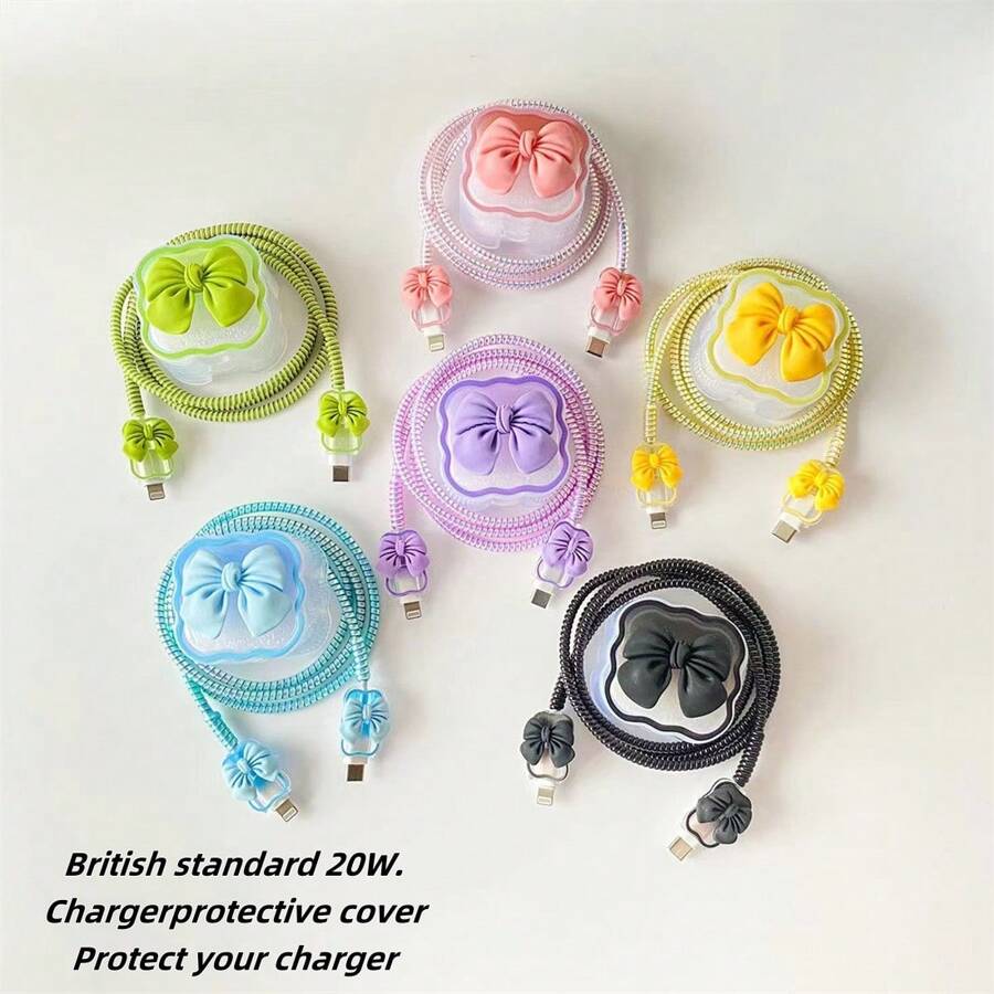 Custodia protettiva per caricabatterie standard britannico da 20 W, in morbida scocca con design a onde e fiocchi per proteggere il cavo compatibile con 16 Pro Max / 15 Pro Max