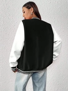 1pc Girls Casual Loose Color Block Letter Print Ribbed Patched Fleece Zip Up Jacket & Baseball Uniform, Spring Autumn Winter - Black - View 3