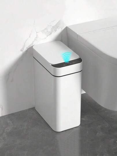 1 st Trender Automatisk rörelsesensor Badrumssoptunna med lock, 2,7 gallon beröringsfri papperskorg, Elektrisk Vattentät Smal liten soptunna, Smart Plast Smal soptunna Liten Vit & Grå Papperskorg För Kök, Toalett, Kontor, Husbil, Sovrum, Vardagsrum