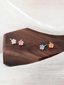 1 对 S925 纯银配色花朵耳钉，适合女士，优雅精致的微型耳环，很棒的礼物 - 花朵 - 查看 2