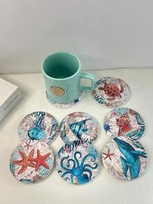 1 件陶瓷杯垫，简约海洋动物圆形耐热防滑垫，适用于餐桌或办公室使用 - 杯墊 - 查看 2