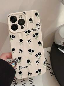White Pleated Phone Case With Black Bow And Tulip Pattern - White - View 2