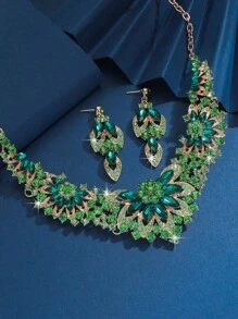 3pcs/Set Fashionable Exaggerated Colored Crystal & Rhinestone Necklace Earrings Bracelet Set, Perfect For Ladies' Wedding & Party Jewelry Gift