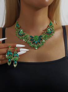 3pcs/Set Fashionable Exaggerated Colored Crystal & Rhinestone Necklace Earrings Bracelet Set, Perfect For Ladies' Wedding & Party Jewelry Gift