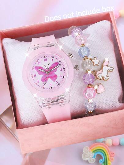 2 Stücke Mädchen Kinder Leuchtende Uhren - LED Glühende Cartoon Schmetterling Quarzuhr und Einhorn Perlen Armband Set