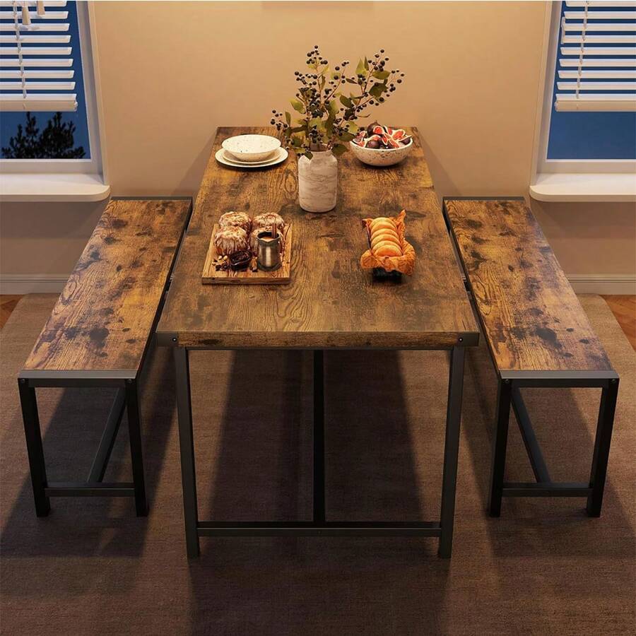Dining Table Set For 4, Kitchen Table With 2 Upholstered Benches, 3 Piece Dining Room Table Set, Rectangular Space Saving Kitchen Table Set For Apartment, Studio, Home, Marble White, Rustic Black, Rustic Brown, Rustic Gray - Nâu mộc mạc - Xem 1