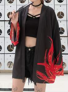 日式宽松和服罩衫，浮世绘凤凰印花，日式风格休闲衬衫上衣，时尚服装 - 黑色 - 查看 2