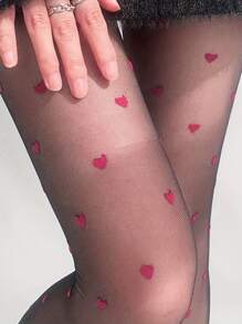 1 双红色心形图案透明紧身裤，镂空高腰网眼连裤袜，女士长袜和袜子 - 彩色 - 查看 8