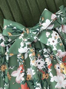 Young Girl Fashion Casual Puff Sleeve Long Sleeve Printed Dress + Matching Printed Belt Set - Green - View 5