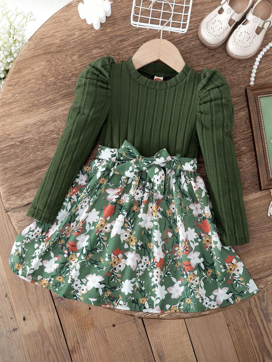 Young Girl Fashion Casual Puff Sleeve Long Sleeve Printed Dress + Matching Printed Belt Set - Green - View 1