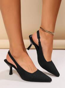 Women's Fashion Black Kitten Heel Almond Toe Pointed Toe Slim High Heel Slip-On Pumps, Suitable For Daily, Party, Wedding