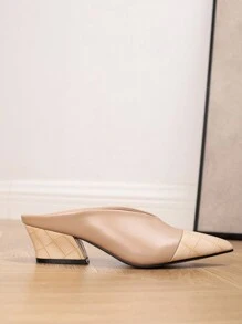 Zapatos mule de tacón grueso con punta puntiaguda y corte profundo, punta cerrada, elegantes y cómodos para ir al trabajo y vacaciones, ajuste ancho para mujer, color caqui mate con textura de cocodrilo empalmada, espalda abierta, tacón alto asimétrico - empalme de color caqui - Ver 4