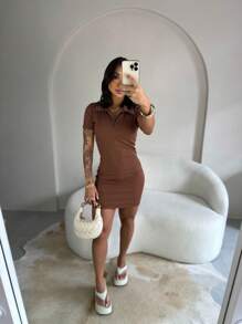 Women's Short Polo Dress Plain Ribbed Fabric Spring Summer Fashion Blogger Foreign Fashion - Rỉ Nâu - Xem 3