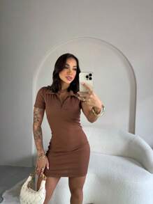 Women's Short Polo Dress Plain Ribbed Fabric Spring Summer Fashion Blogger Foreign Fashion - Rỉ Nâu - Xem 1