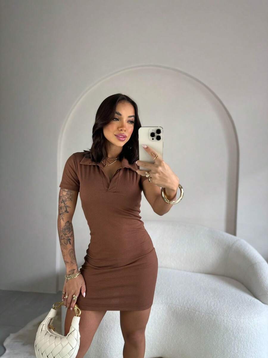 Women's Short Polo Dress Plain Ribbed Fabric Spring Summer Fashion Blogger Foreign Fashion - Rỉ Nâu - Xem 1