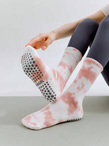 1 par de calcetines tipo tripulación con efecto tie-dye unisex, calcetines de yoga con estampado de letras y agarre antideslizante, aptos para el hogar y deportes, para gimnasio