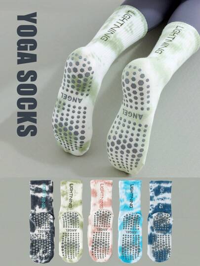 1 Pair Unisex Tie-Dye Crew Socks, Letter Print Yoga Socks With Non-Slip Grip, Suitable For Home & Sports, For Gym, Fall