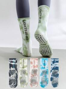 1 par de calcetines tipo tripulación con efecto tie-dye unisex, calcetines de yoga con estampado de letras y agarre antideslizante, aptos para el hogar y deportes, para gimnasio