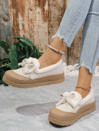 Women's Fashion Round Toe Slip On Snow Boots With Bow, Comfortable & Warm For Outdoor