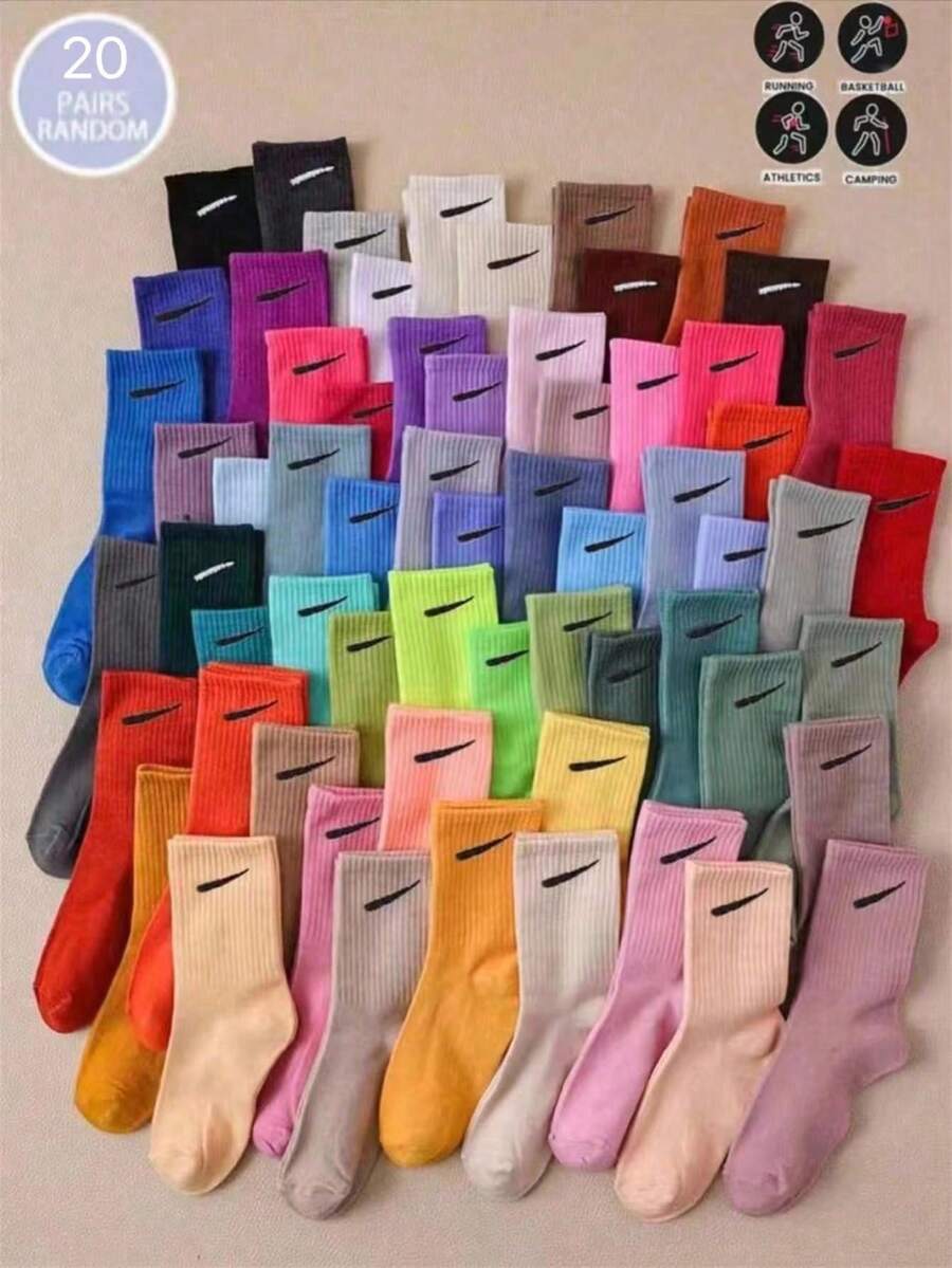 20 đôi tất nữ, thiết kế kẹo màu ngẫu nhiên, màu trơn đơn giản, thân thiện với da, thoáng khí và ấm áp, tất ống giữa - Nhiều màu - Xem 1