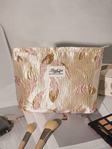 1 件粉红金轻奢风格手提化妆包，精致提花金粉叶，3D 图案休闲时尚便携化妆包，帆布衬里，多功能，简约化妆品包，大容量收纳包，适合钱包 - 粉色 - 查看 3