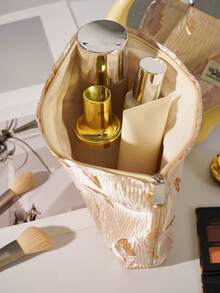 1 件粉红金轻奢风格手提化妆包，精致提花金粉叶，3D 图案休闲时尚便携化妆包，帆布衬里，多功能，简约化妆品包，大容量收纳包，适合钱包 - 粉色 - 查看 9