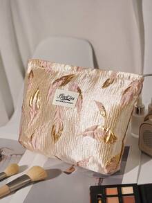 1 件粉红金轻奢风格手提化妆包，精致提花金粉叶，3D 图案休闲时尚便携化妆包，帆布衬里，多功能，简约化妆品包，大容量收纳包，适合钱包 - 粉色 - 查看 5