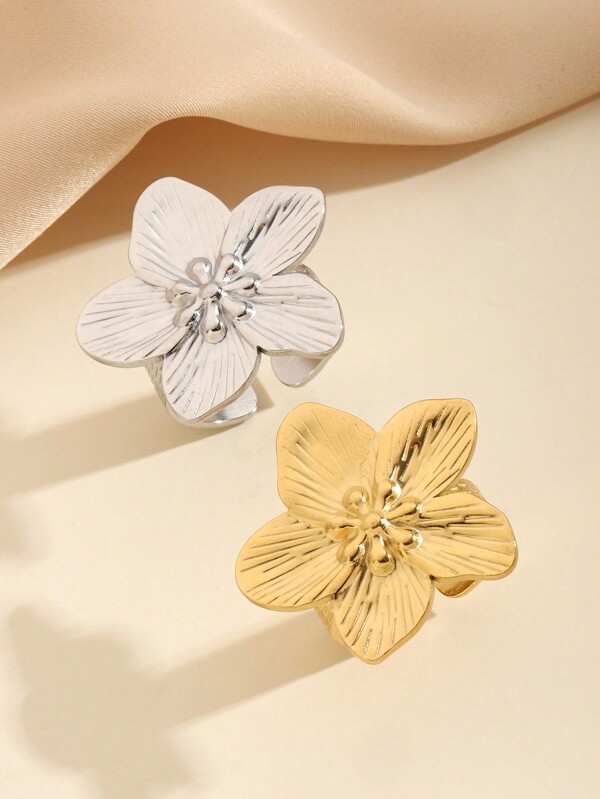2pcs Stainless Steel Fashionable Exaggerated Golden And Silver Flower Shape Open Ring Set, Suitable For Women's Daily Wear Or Gift Giving
