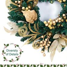 Corona de Navidad de 18 pulgadas con luces LED, corona de Navidad artificial con luces LED, decoración navideña de pared con pilas con flores y bayas doradas para la puerta principal - Verde - Ver 3