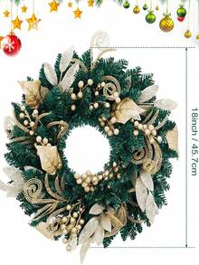 Corona de Navidad de 18 pulgadas con luces LED, corona de Navidad artificial con luces LED, decoración navideña de pared con pilas con flores y bayas doradas para la puerta principal - Verde - Ver 2