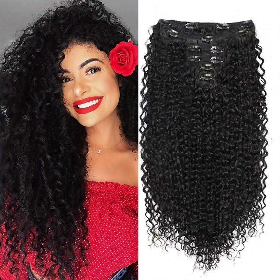 深波浪夹式接发 1B# 天然黑色假发 8 件/套 深卷发夹式全头真人头发 16-26 英寸