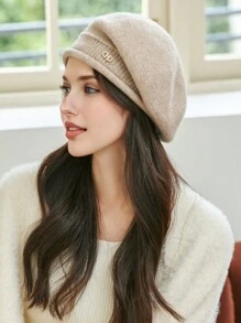 1 pezzo Berretto basco lavorato a maglia di colore unito da donna, cappello alla moda, versatile copricapo caldo per protezione delle orecchie in autunno/inverno per uso esterno