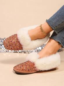 New Rhinestone Embellished Fashionable Thermal Lined Square Toe Flat Slip-On Comfortable Loafers