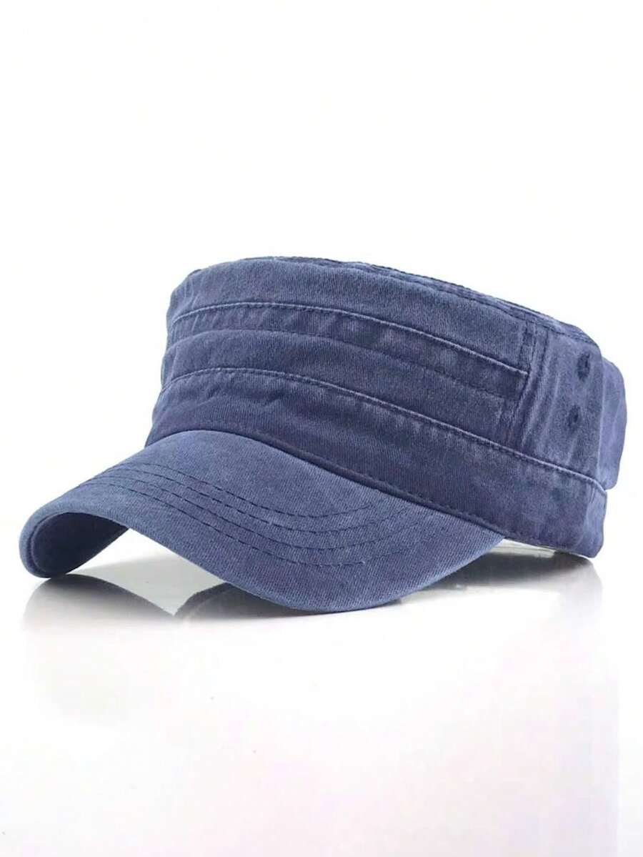 kissyouths 1pc Solid Color Flat Top Military Hat, Curved Brim Baseball