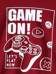 2pcs/Set Boys Casual Plain Color Minimalist Gaming Graphics Print Long Sleeve Hoodie Pullover + Gamers Graphic Print Jogger Pants, Autumn/Winter - Burgundy - View 4