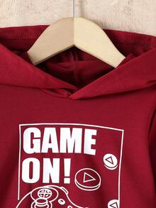 2pcs/Set Boys Casual Plain Color Minimalist Gaming Graphics Print Long Sleeve Hoodie Pullover + Gamers Graphic Print Jogger Pants, Autumn/Winter - Burgundy - View 3