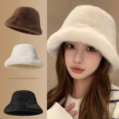 New Fashionable Personalized Versatile Faux Mink Bucket Hat For Women, Autumn/Winter, Versatile Korean Style Bucket Hat, Plush Warm Hat, Casual Polyester Solid Color Windproof Warm Hat, Autumn/Winter