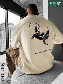 (220 Pure Cotton T-Shirt)    Men's Summer Round Neck Short Sleeved Casual Pure Cotton  REVELATION 12:9 - Màu be - Xem 1