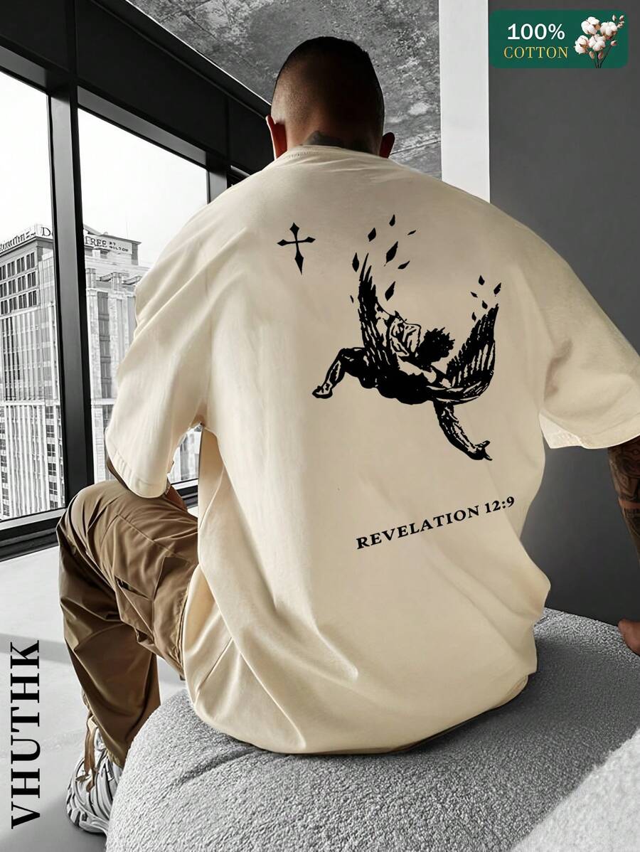 (220 Pure Cotton T-Shirt) Men's Summer Round Neck Short Sleeved Casual Pure Cotton REVELATION 12:9 - Màu be - Xem 1