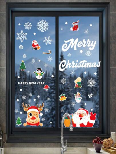 圣诞窗贴圣诞装饰品圣诞窗贴姜饼圣诞派对装饰品姜饼圣诞墙贴双面可重复使用剥离粘贴可拆卸适用于玻璃客厅圣诞薄荷糖和糖果圣诞装饰