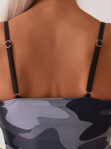 Camouflage Print Side Drawstring Spaghetti Strap Bikini Top, For Summer Beach Vacation - Multicolor - View 5