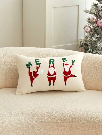 1pc Christmas Santa Claus "MERRY" Embroidered Decorative Pillow Cover, Suitable For Indoor Decor, Christmas Decor Pillowcase, Inner Cushion Not Included