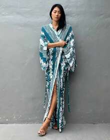 Plus Size Boho Chic Kimono Cover Up - Lightweight & Flowy Tie Dye Beachwear - Stylish Open Front For Women - Màu xanh lam - Xem 3