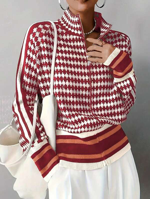 Women's All-Over Print Raglan Sleeve Zip Front Knit Stand Collar Cardigan